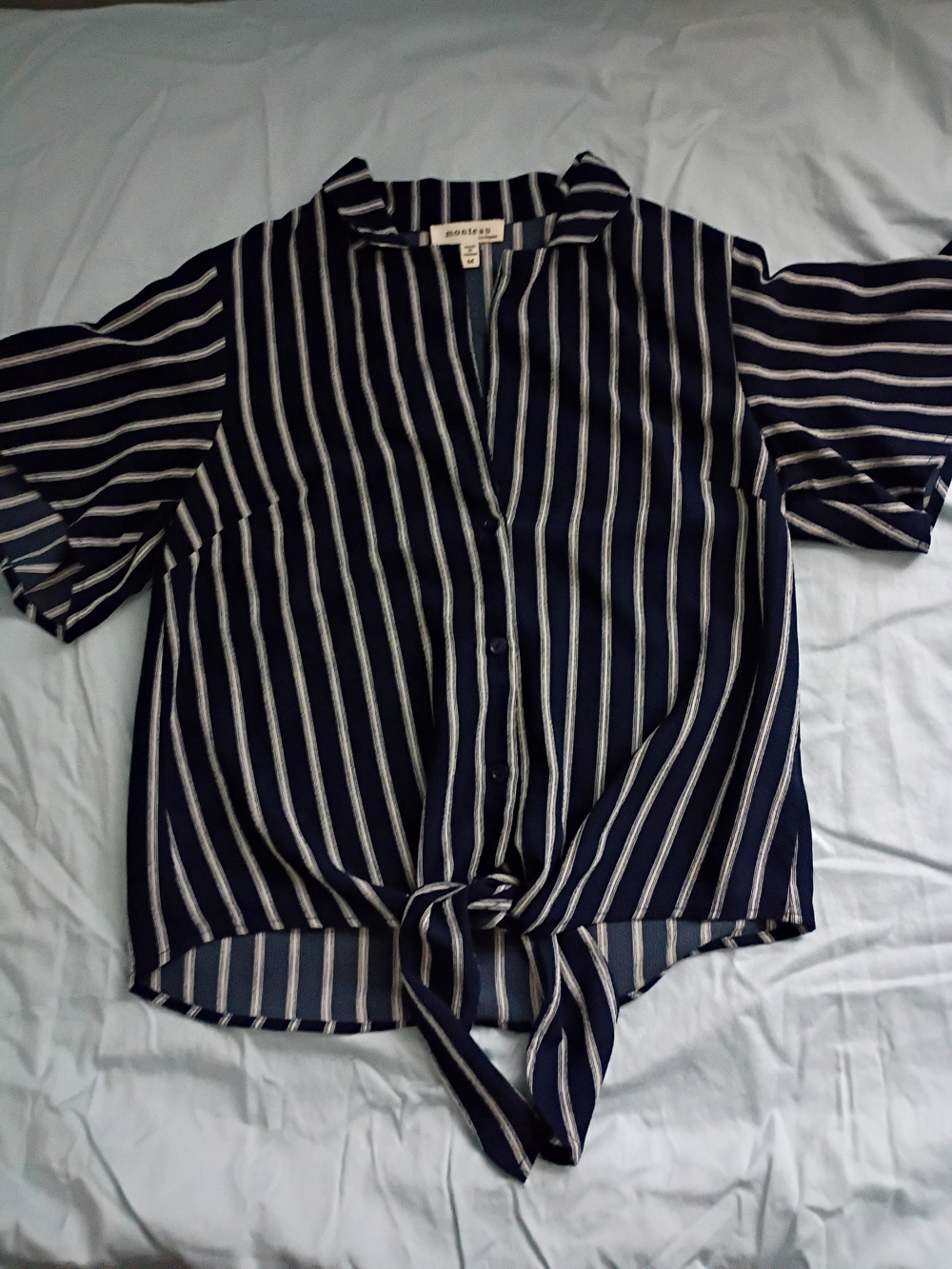 Monteau Navy and White Striped Tie-Front Button Down